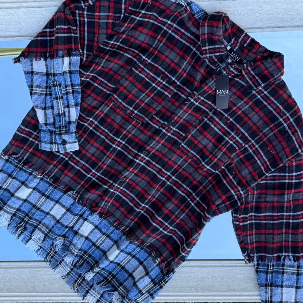 Men's Trendy Plaid Button-Up Shirt - Black and Blue